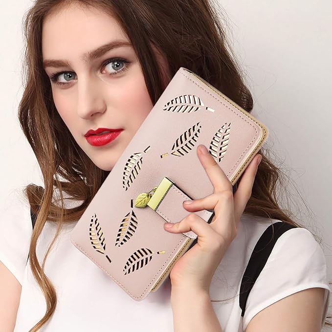 PGXT Women's Wallet Women Credit Card Holder Hollow Leaf Pattern Bifold Leather Lady Long Wallet Purse Zip Birthday Xmas Gifts for Women Girls(Pink)