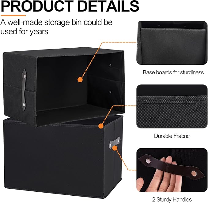 3 Pack Large Collapsible Storage Baskets for Shelves,14.9"x9.5" Fabric Closet storage Boxes with Leather Handles,Decorative Organizers Storage Bins for Clothes,Sheets,Toys,Books,(Black)