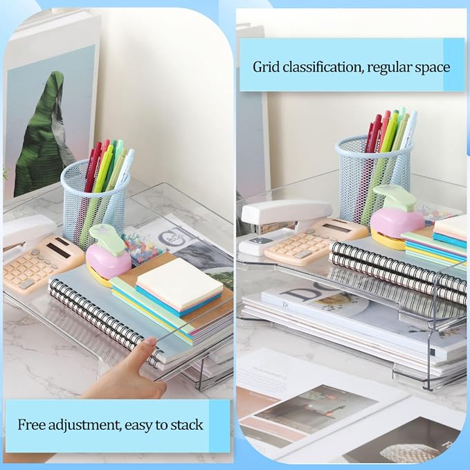 DoubleFill 2 Pcs Stackable Letter Tray Rectangular Plastic Desk Organizer 13 x 9.5 x 2.6 in Paper Holder File Tray Accessories Rack for Desktop Office Desk Drawers (Clear)