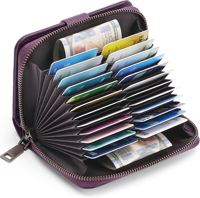 GAEKEAO Leather Credit Card Holder Wallet for Women RFID Blocking Large Capacity Bifold Zipper Card Case Organizer with Wristlet 32 Slots