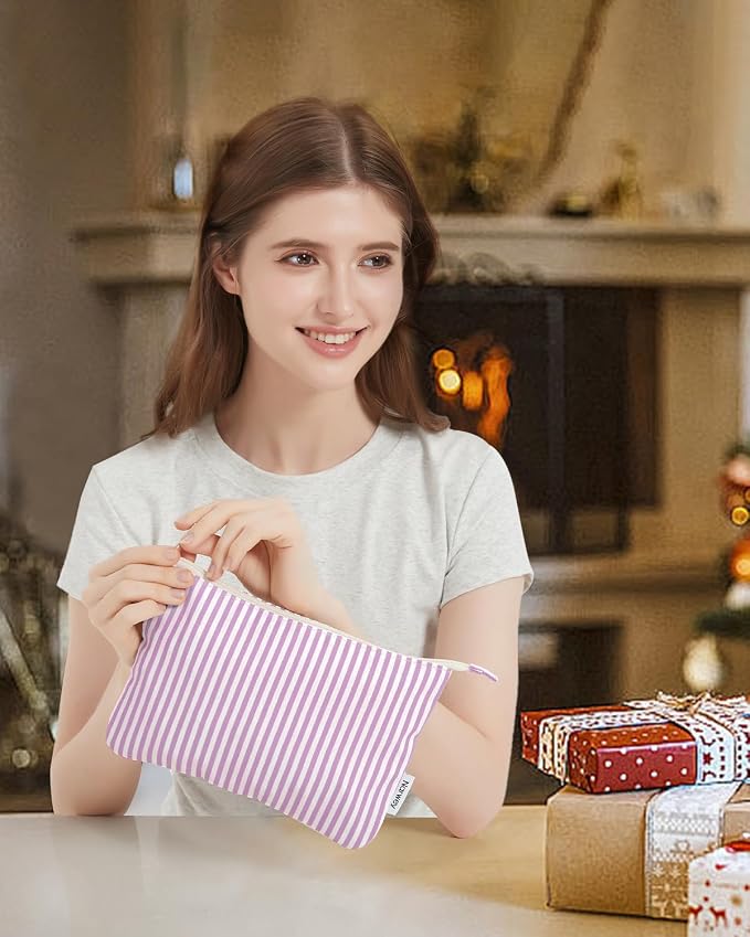 Narwey Small Striped Makeup Bag for Purse Travel Makeup Pouch Cosmetic Bag Zipper Pouch Bags for Women (Purple Stripe)