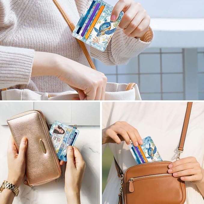 Slim Credit Card Holder Wallet RFID Blocking Minimalist Wallets Lightweight Thin Small Cute Card Case for Women, Turtle