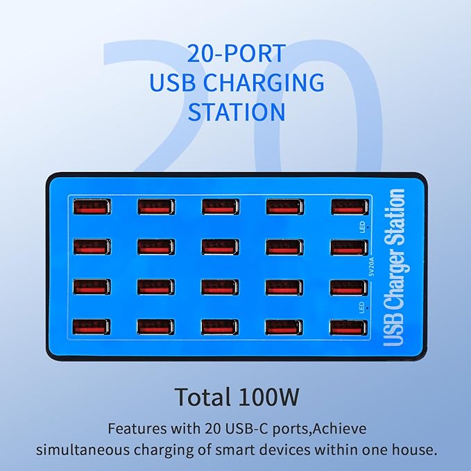 USB Charging Station,100W 20-Port Multi Device Charger with Intelligent Safety Features,Charging Station for Multiple Devices Phone,Watch,Pad,Speakers,Headphones,PS Compact for Home,Office,Travel