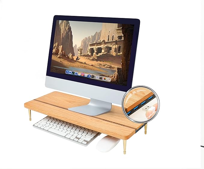 Wood Riser Monitor Stand with USB Ports Computer Stand w/Slot for Tablet & Cellphone Computer Riser w/Big Storage, Dual Monitor Riser for PC, Computer, Laptop, Printer
