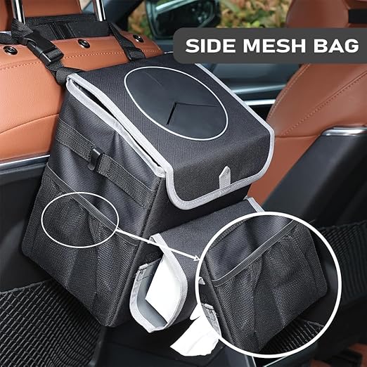 upra Car Trash Can with Lid Leakproof,Bag Hanging Storage Pockets,Adjustable Tissue Holder & Straps Garbage Bin, Portable Auto Trash Bag Holder for Road Trip, Kids, Dog Owners