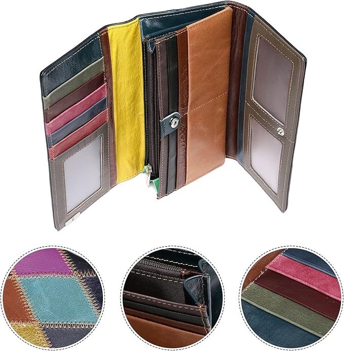 MASIWEI Genuine Leather Patchwork Wallet for Women Multicolor Trifold Wallets Ladies Card Holder Money Organizer with Coin Purse