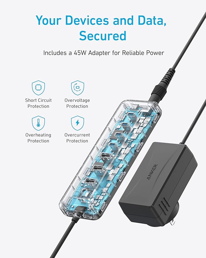 Anker USB C Hub, 8-in-1 5Gbps Data Hub, USB Splitter with 3 USBA and 4 USBC Ports, 100W PD-in, 2-in-1 USB-Connector, for Laptop, MacBook, iPad and More (45W Adapter Included)