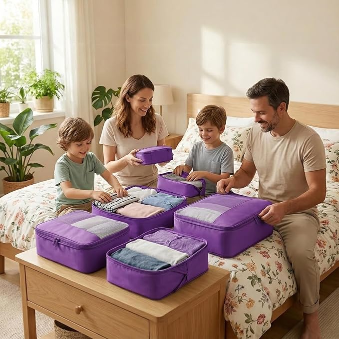 4 Piece Compression Packing Cubes for 3–7 Day Travel, Space Saving Travel Organizers with Breathable Mesh, Double-Zipper Packing Cubes for Carry-On & Suitcases (Purple)