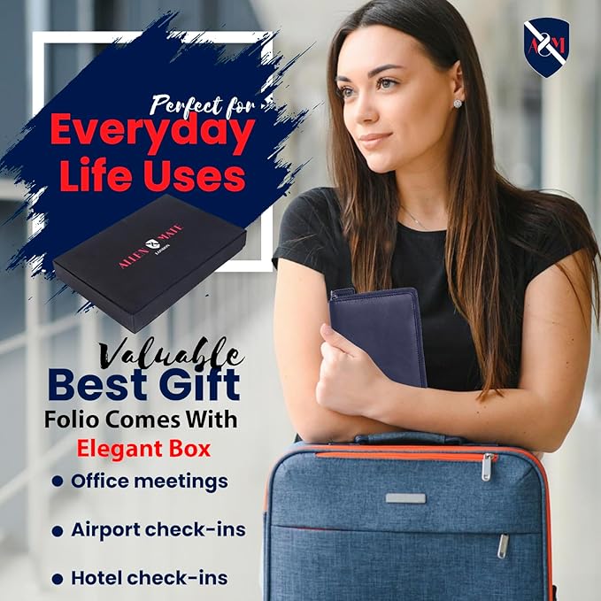 ALLEN & MATE 100% Leather Passport Holder for Travel RFID Blocking Passport Wallet for Men & Women - Zippered Compact Travel Document Organizer Fits Passport, Cash, Cards, SIM, ID and Tickets