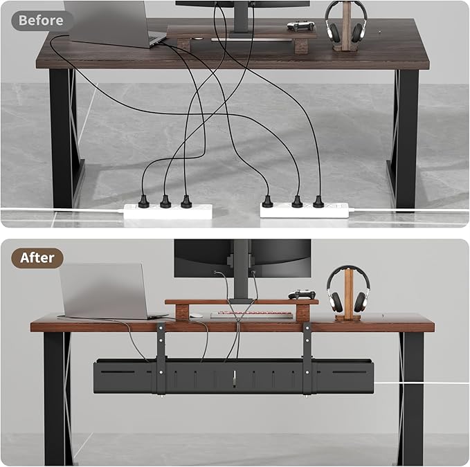 Under Desk Cable Management Tray, Expandable 25.6"–42.5" Heavy Duty Carbon Steel with Clamp, Hidden Cord Organizer for Desk, Home Office & Standing Desk, No Drill Installation, Black