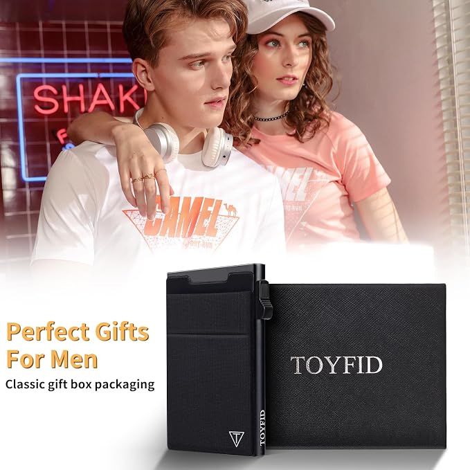 TOYFID Slim RFID Blocking Wallets,Pop Up Minimalist Card Holder for Men & Women Metal Thin Front Pocket Wallet Credit Card Holder with Elastic Coin Pocket,6-12 Card Capacity,Black