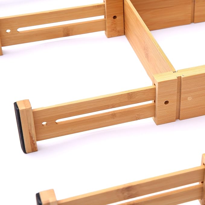 Adjustable 17-22in Bamboo Dividers Organizers with 9 Inserts, Expandable Spring Loaded Drawer Dividers for Kitchen, Dresser, Bedroom, Bathroom, Office, and Garage (4 Pack)