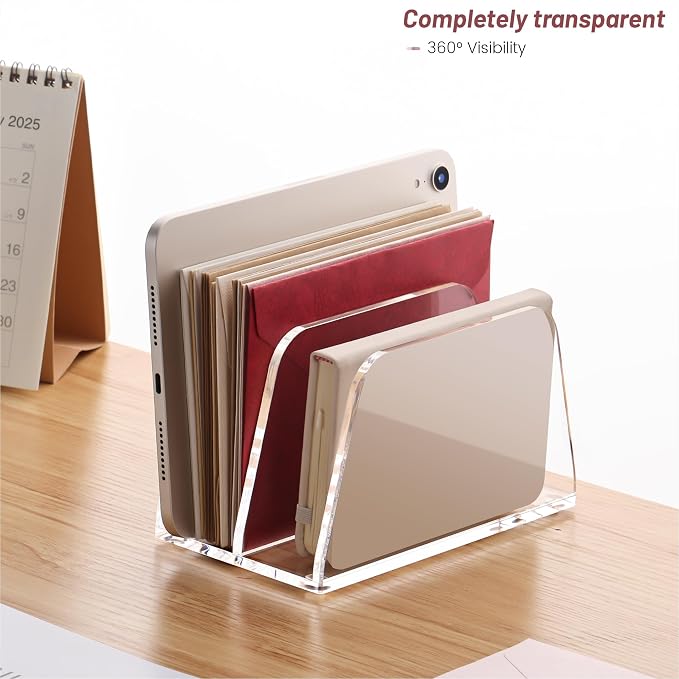 SANRUI Acrylic Mail Organizer for Desk Vertical Letter Holder Clear Bookshelf 2-Slots, Small File Sorter for Bills, Envelopes, Office Supplies, Upright Binder Divider for Home Office School