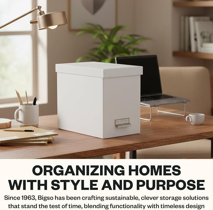 Bigso John Fiberboard Label Frame Desktop File Storage Box - Document Organizer for Important Paperwork - Durable Hanging File Box with a Lid & Metal Label Window - 7.36 x 13.38 x 10.51 in - White