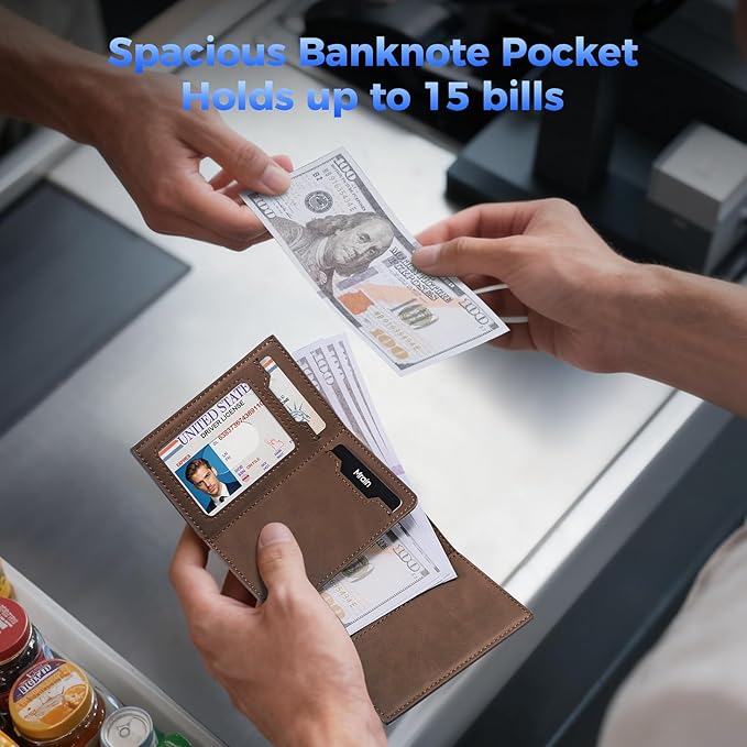Mens Slim Minimalist Wallet Card Holder with Coin Pocket, Cash Slot, Magnetic Closure, Pop Up Aluminum Case, ID Window, Leather Wallet, RFID Blocking, 9-13 Card Capacity, Crazy Horse Brown