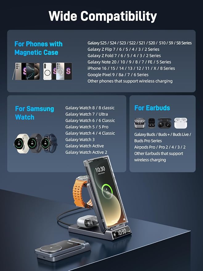Magnetic Wireless Charger for Samsung, 3 in 1 Charging Station for Samsung Galaxy Z Fold/Flip 7/S25 Ultra/S24 Ultra, Foldable Charger for Samsung Galaxy Watch Ultra/8/7/Galaxy Buds 3 (Black)