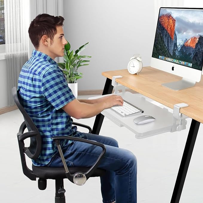 Desktop Keyboard Tray, Pull-Out Under The Table, 26.77 "X 11.81" Large-Sized Keyboard Tray, C-Shaped Lip Holder, Easy to Install, Suitable for Home Learning and Office Use(White)