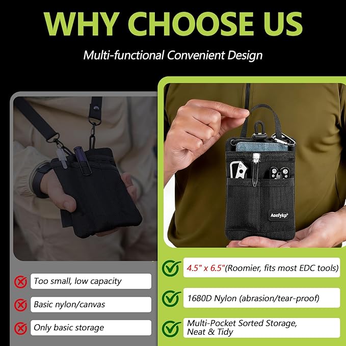 Pocket Organizer, EDC Pouch for Men, Removable Adjustable EDC Bag, Durable Compact Small Tool Pouch Holds Your Flashlight, Pocket Knife, Pen, Notebook, Multitool and EDC Gear