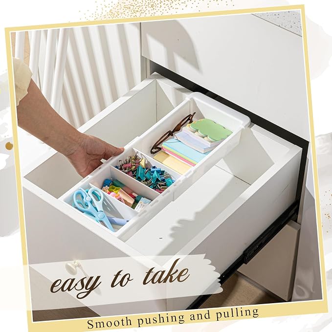 1 Pcs Expandable Drawer Organizer Bins Adjustable Deep Drawer Hanging Organizer Tray Expandable 11.4 to 18.1 Inches Plastic Dividers Storage for Office Bathroom Bedroom Kitchen Desk, White