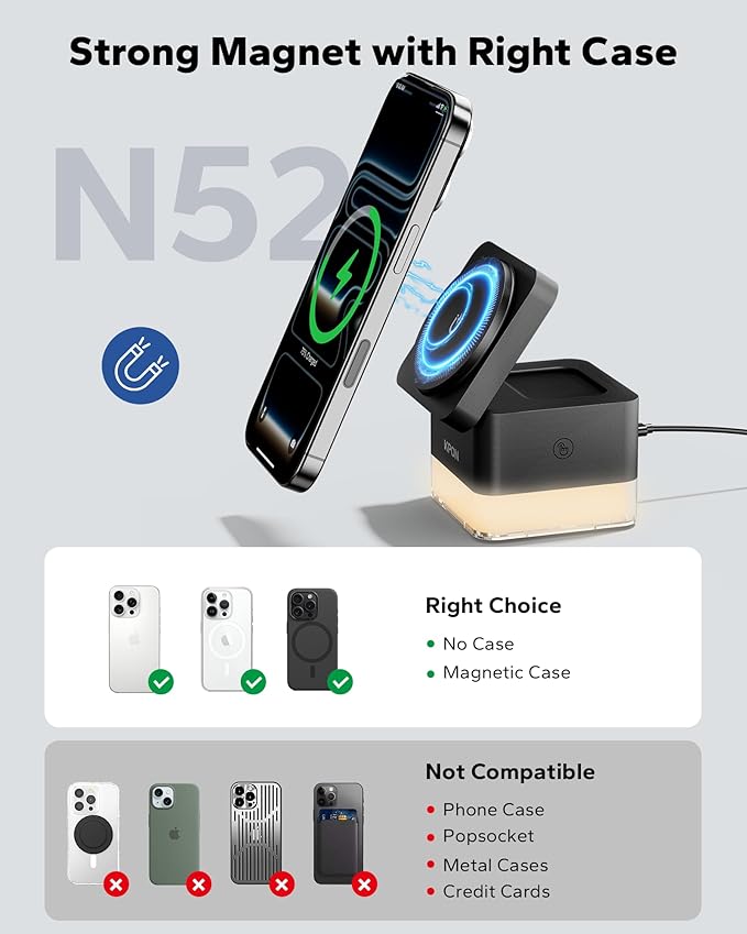 KPON for iPhone Nightstand Charging Station,15W 3 in 1 Wireless Phone Charger Stand with Night Lamp, Travel Foldable Magnetic Cube Magsafe Dock for iPhone 17 16 15 14 13 12 Series/Apple Watch/Airpods