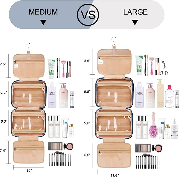 COOSKY Travel Hanging Toiletry Bag for Women, Large Makeup Bag 8 Leak Proofing Silicone Bottle Covers, Waterproof Cosmetic Bag with Jewelry Organizer Compartment, Toiletries Kit Set, Navy Blue