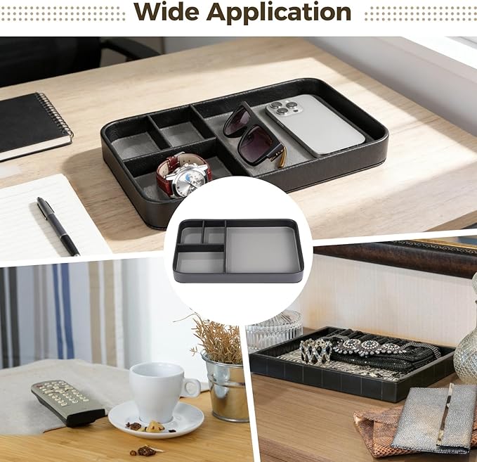 4-Compartment PU Leather Tray, Divided Catchall Organizer for Desk and Entryway, Stylish PU Leather Valet Tray, Multifunctional Storage Organizer for Phone Key Watch Wallet Jewelry