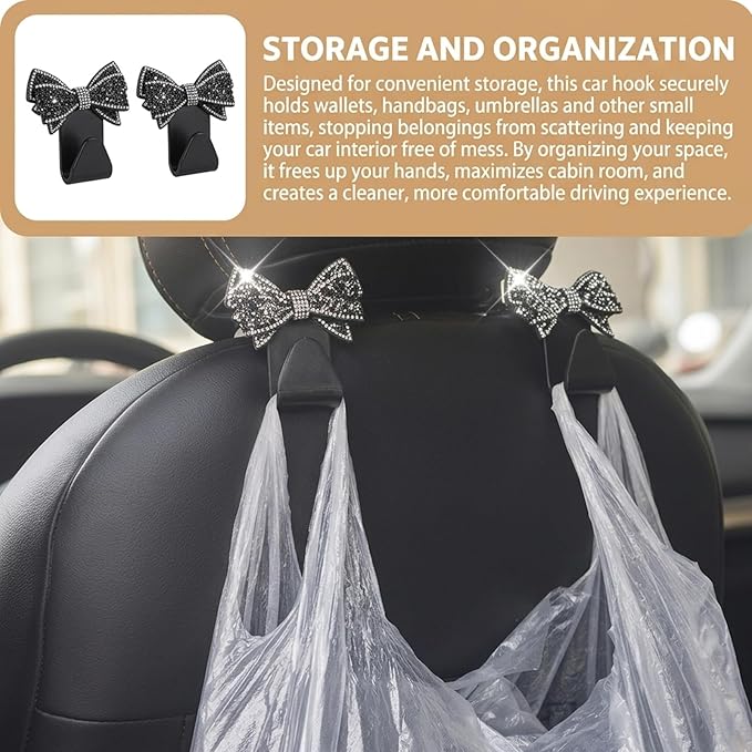 2 PCS Bling Car Seat Headrest Hooks, S-Type Crystal Rhinestone Bow, Universal Seat Back Storage for Purses Bags Groceries, Black Decorative Vehicle Organizer