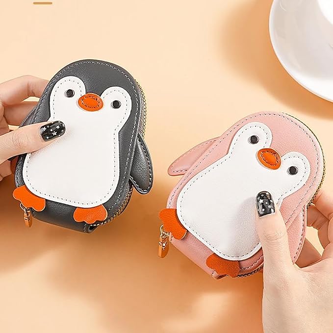 Cute Cartoon Penguin-shaped Coin Purse PU Leather Accordion Card Holder Large Capacity Zippered Money and Card Organizer Portable Mini Coin Purse (pink)