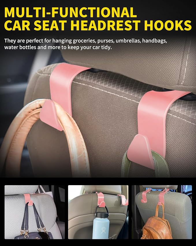 8 Pack Car Seat Headrest Hooks with 44 Pounds Load Capacity, Hangers Storage Organizer Universal Car Interior Accessories for Handbags Water Bottles Purse Coats Umbrellas, Pink
