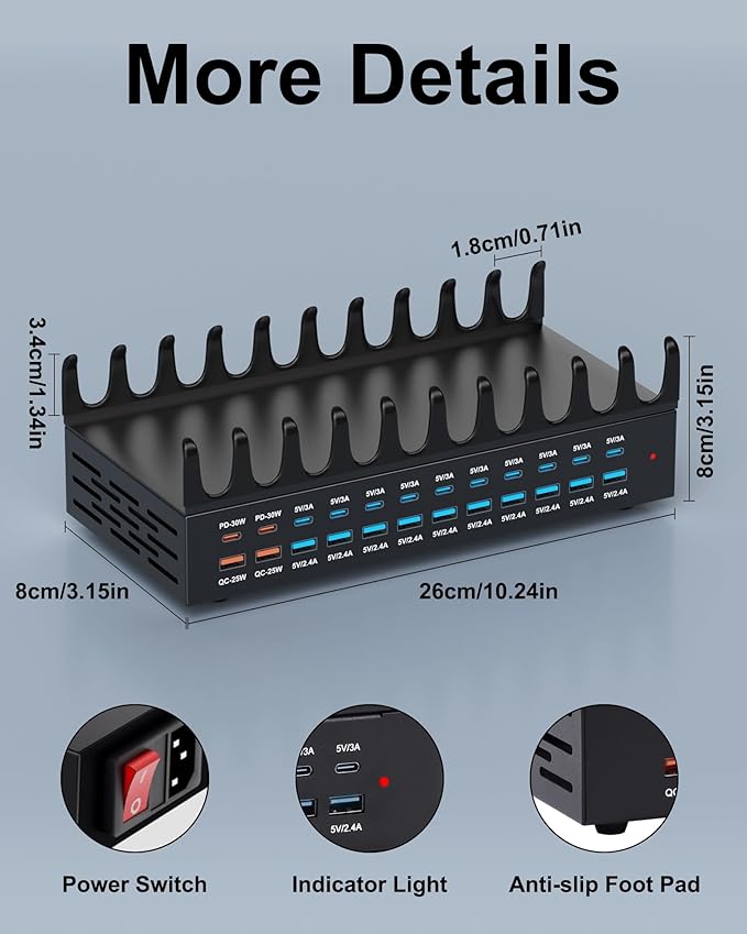 420W Charging Station for Multiple Devices - 24 Ports USB Fast Charging Station with 30W Power Delivery, Multi Charger Dock for Phone Tablet, Home, Office, School