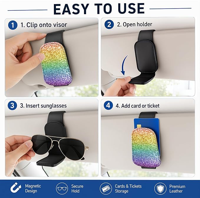 Leather Magnetic Sunglass Holder for Car Sun Visor, Cute Eyeglass Ticket Card Hanger Clip, Universal Auto Interior Accessories for SUV Pickup Truck, Rainbow Glitter