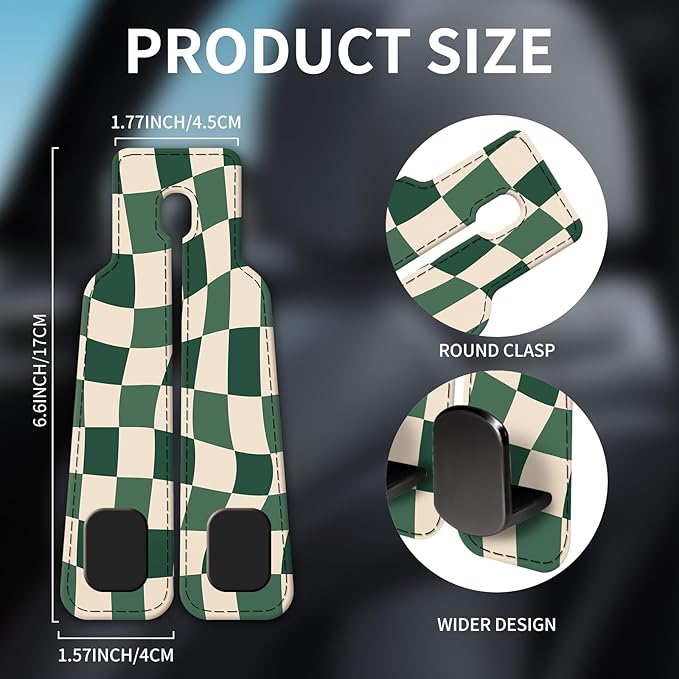 Car Seat Headrest Hook, Universal Leather Cute Hanger Holder Hook, Storage Organizer Interior Accessories for Purse Bags Handbag Luxury Green Plaid