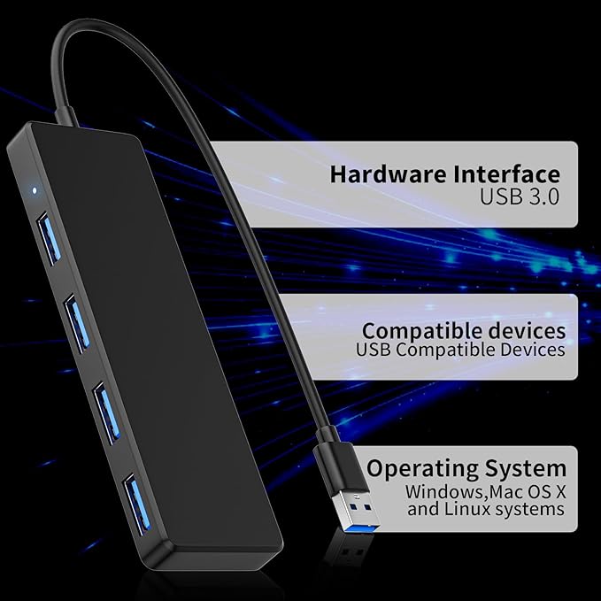 USB 3.0 Hub, 4 Ports USB A Splitter Ultra Slim Mini USB Expander, Multiple USB Hub for Laptop, PC, Xbox, Flash Drive, HDD, Console, Printer, Camera, Keyborad, Mouse and More