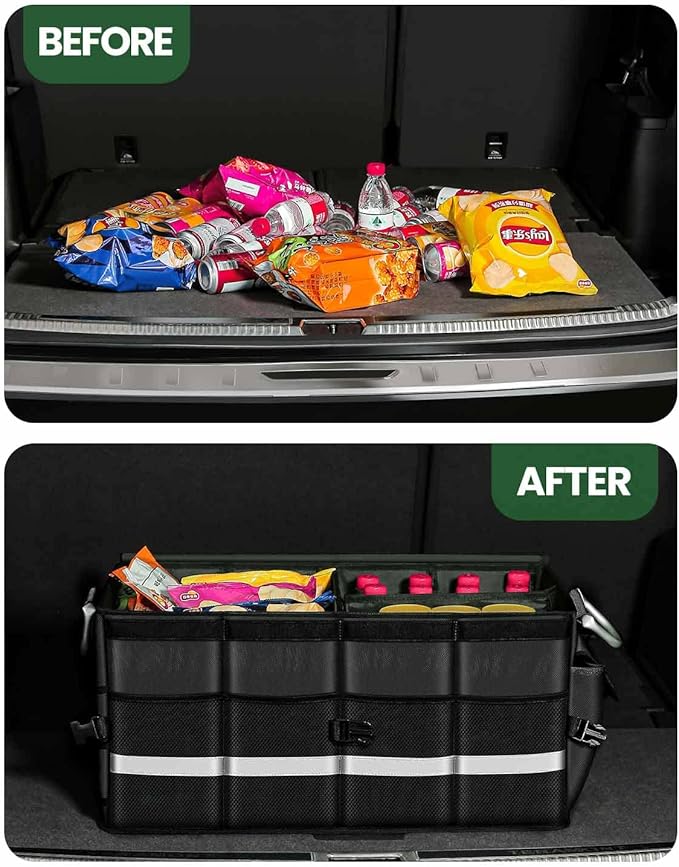 WINHUNT Trunk Organizer With Waterproof Bag, Collapsible Multi Compartment Storage for Car, SUV, Sedan, Truck - Non Slip Bottom, Aluminium Handle (Black, Large 66L)