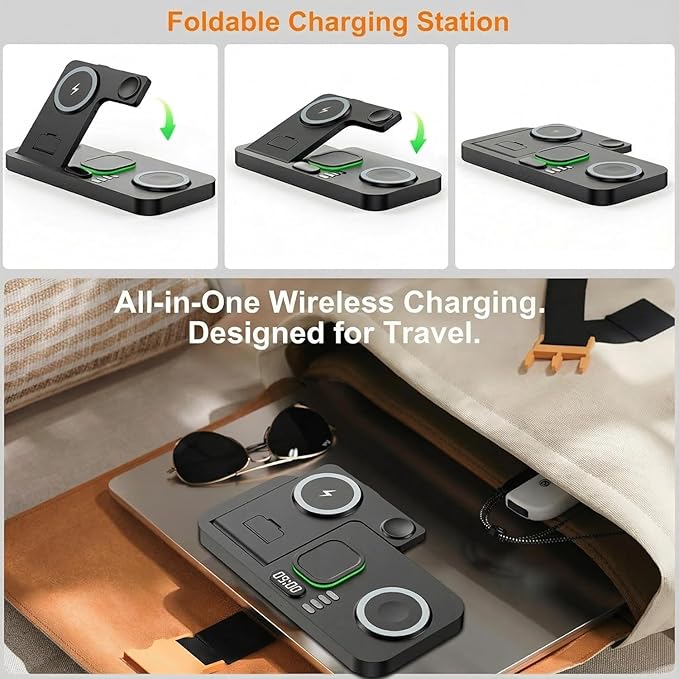Dual Phone Magnetic Wireless Charging Station for Apple Ecosystem, Wireless Charging Station for Apple Devices with Auto Switch 7-Color Light & Clock,for iPhone17,for iwatch11, for AirPods Pro3(Black