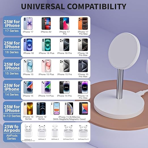 Magnetic Wireless Charging iPhone Stand,25W Fast Mag-Safe Charging Stand Station Pad 6 Foot Long Apple Magnet Wireless Charger with Plug for iPhone 17/17 Pro/Air/16/15/14/13/12 Series,AirPods Pro 3/4