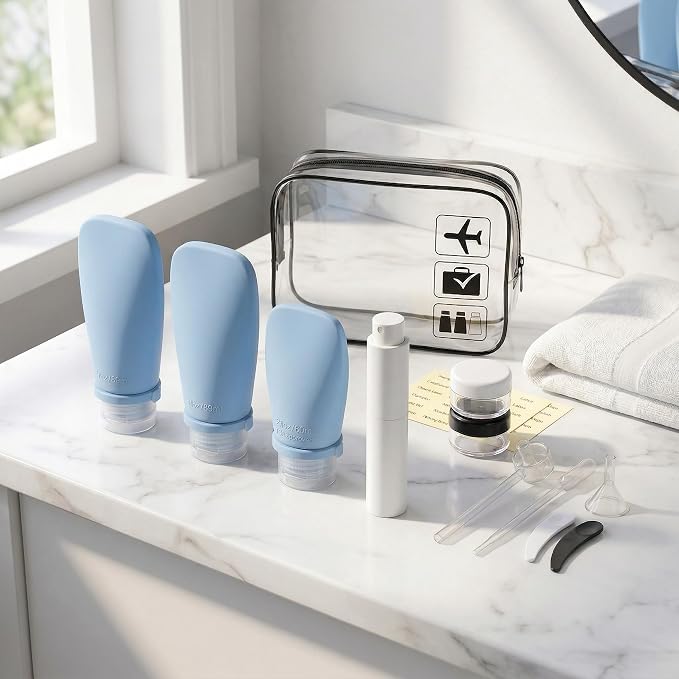 13pcs Travel Size Bottles Set with Bag, TSA Approved Silicone Travel Toiletries Containers with 4-Way Leak-Proof Design with Silicone Strap, Perfume Atomizer, Travel Essentials for Men Women