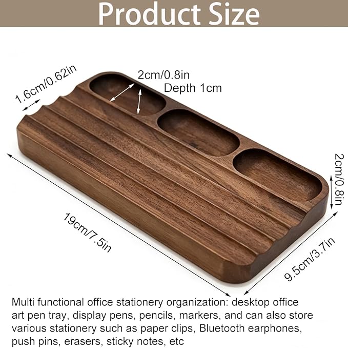 Horizontal Pen Holder,Acacia Wood Pen Tray,Desktop Pen Display,Walnut Desk Tray,Paperclip Headphones Eraser Office Stationery Storage,Brown