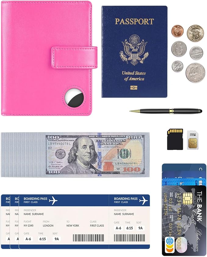 Passport Holder Wallet Cover Case for Women and Men,RFID Blocking,Passport Case with AirTag Slot,Travel Accessories (Pink)