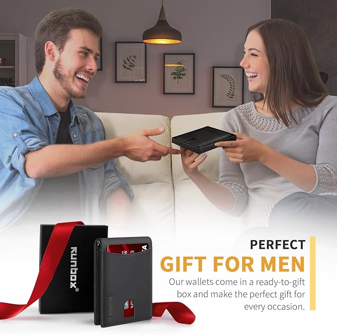 RUNBOX Slim Wallet for Men Genuine Leather RFID Blocking Bifold Minimalist Front Pocket Mens Wallet with Money Clip Thin Gift Box