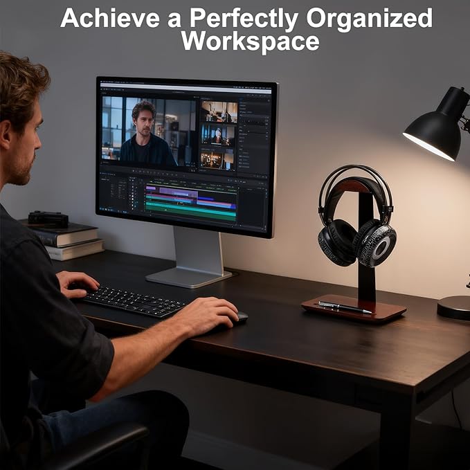 Walnut Headphone Stand with Pen Holder - Solid Wood Headset Stand for Desk, Wooden Headphone Holder and Executive Desk Organizer for Office, Compatible with AirPods Max, Sony, Bose Headphones, Brown