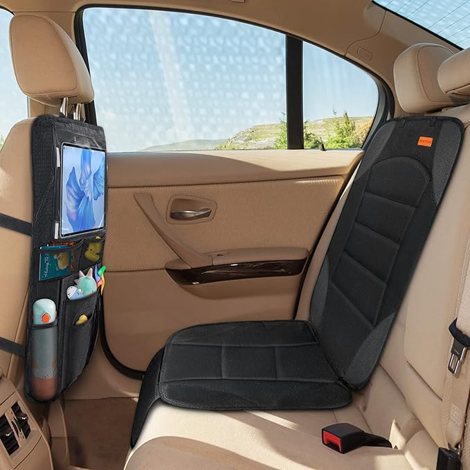 Siivton 2-in-1 Car Seat Protector & Kick Mat with iPad Holder - Kids Backseat Organizer with Touchscreen Pocket, Storage Pockets & Waterproof Cover for Child Safety and Mess-Free Rides
