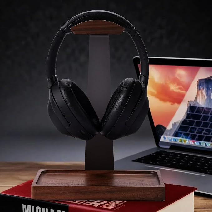 Walnut Headphone Stand, Wooden Headset Stand for Desk, Wood Gaming Headphone Holder with Storage Base for Airpod max, Bose, Razer, Sennheiser, Jabra, JBL, AKG, Vintage Gift for Men, Grey