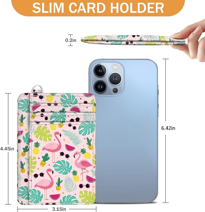 Yonlevres Flamingo Credit Card Holder Slim Wallet Women, Tropical Leaf RFID Blocking Small Wallet Woman, Front Pocket Travel Cute Thin ID Window PU Leather Mini Organizer Case Purse Gift Girls Ladies