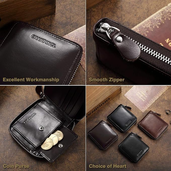 Mens Genuine Leather Zipper Wallet RFID Secure Large Capacity Double Fold Multi-card Leather Wallets for Men and coin purse