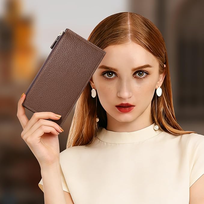 Wallet Women - Slim Bifold RFID Blocking Wallet Leather Ladies Multi Card Holder Wallet with 2 Zipper Pocket (Brown)