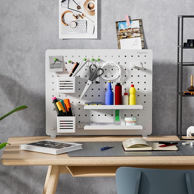 Clamp-on Desk Pegboard, Desk Organizer for Office Gaming Home, Magnetic Metal Peg Board with 15 Accessories, Privacy Panel for Office, 20.4" x 16.5", Large, White