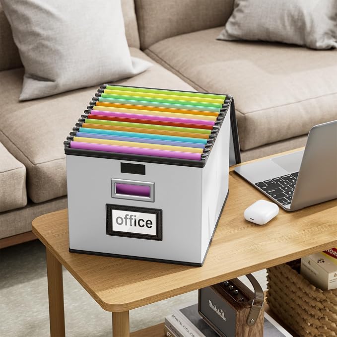Portable Leather File Organizer Boxes with Lids, Collapsible File Folder Organizer Boxes, Decorative Small Filing File Cabinet for Home/Office, Easily Store Documents/Hanging File Folders