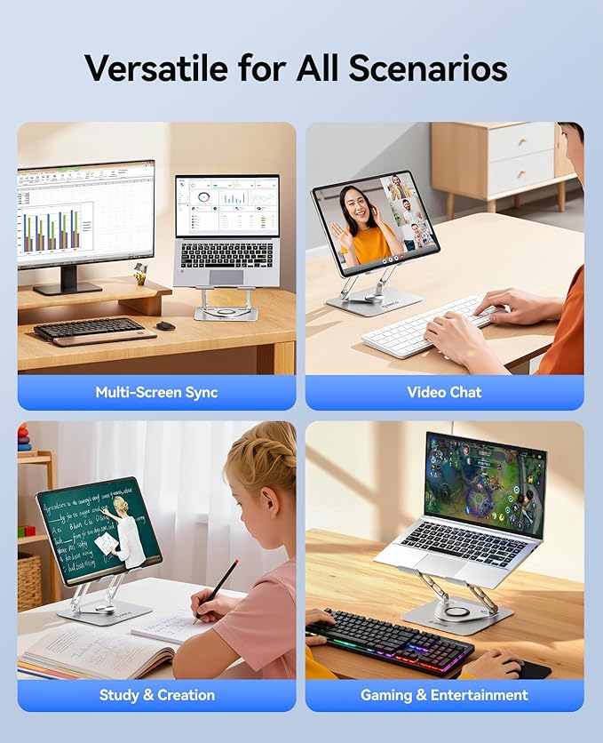 ORICO Adjustable Laptop Stand for Desk, 360° Rotating Base, Foldable Aluminum Alloy Computer Stand with Ventilated Design, Compatible with MacBook Air/Pro, Dell, XPS, HP up to 17'' - ST12, Silver