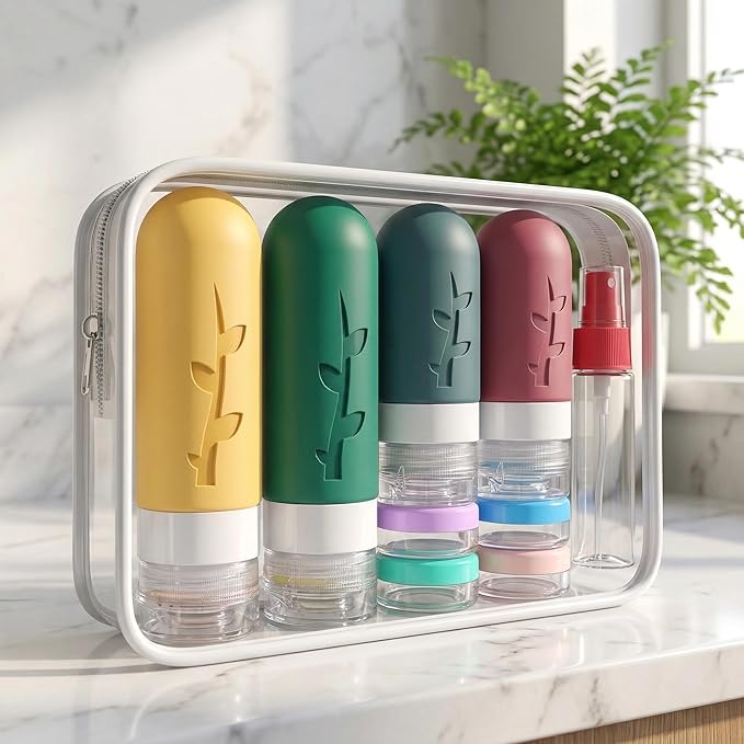 DEPOZA Travel Bottles Kit (16 Pack) - TSA Approved, Leak Proof Silicone Squeezable Containers for Toiletries. Complete Set with Jars, Sprayers & Bag (Wine Red)